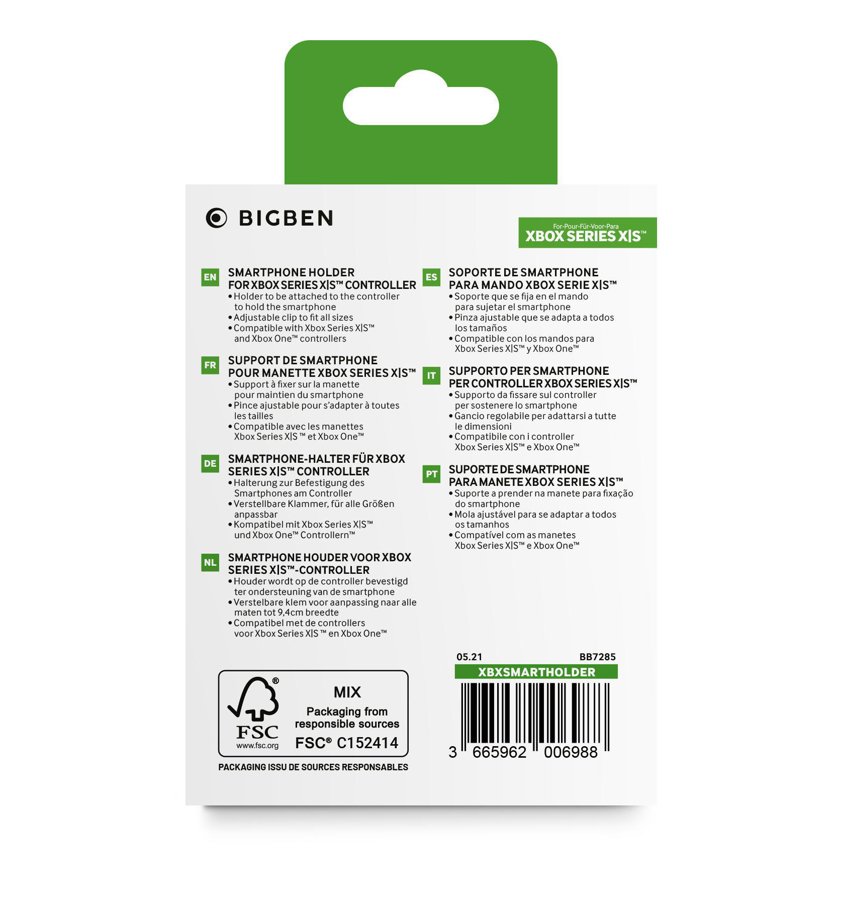 Box mit Texten in mehreren Sprachen für Smartphone-Halter für Xbox Series X|S Controller.
