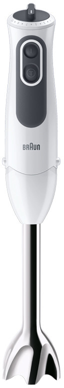 Witte en grijze Braun staafmixer, rechtopstaand, chromen mes.