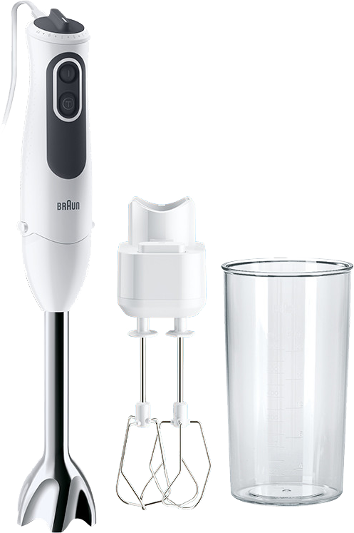 Witte staafmixer met opzetstukken en een doorzichtige maatbeker op zwarte achtergrond.