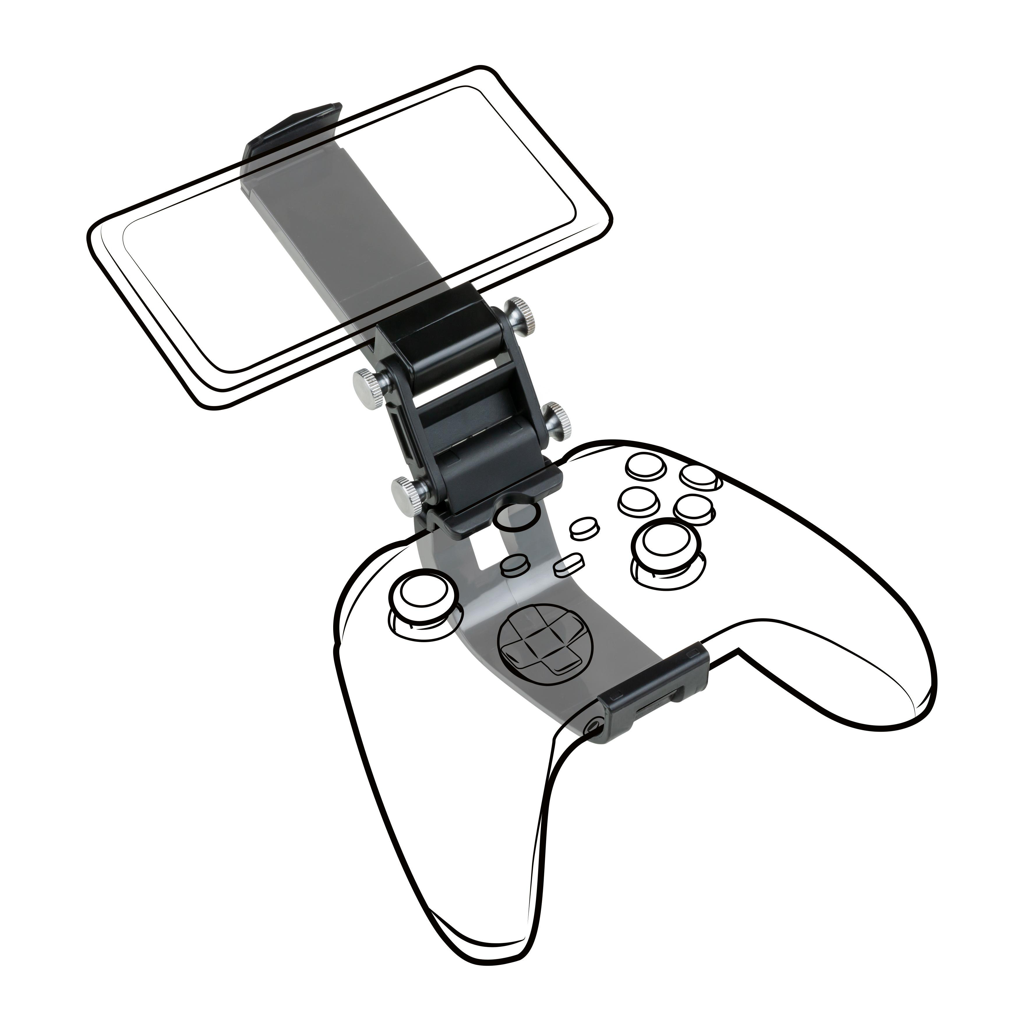 Ein schwarzer Controller-Ständer mit einem Telefon, über einem skizzierten Gamecontroller.