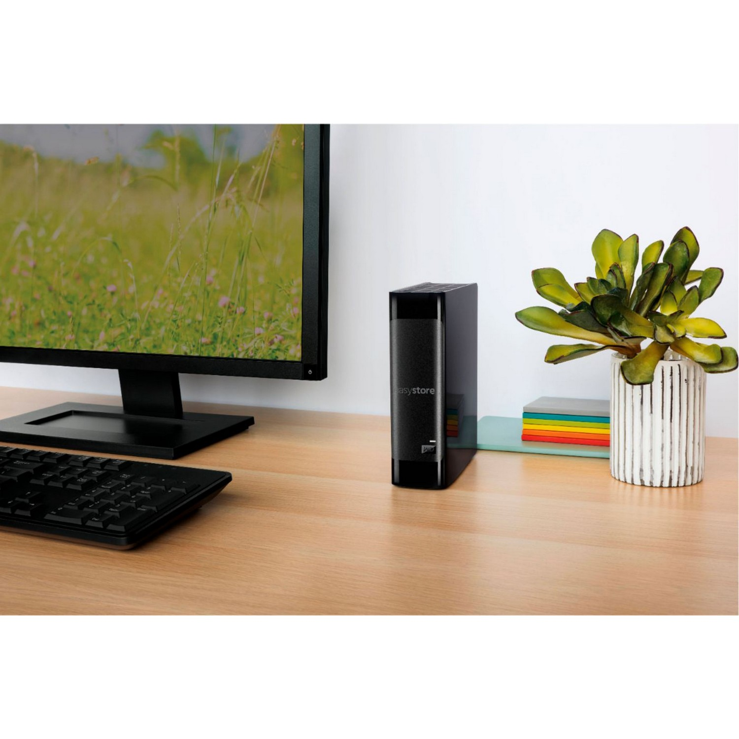 Disco duro externo negro en un escritorio de madera. Un monitor de computadora y una planta de interior son visibles.