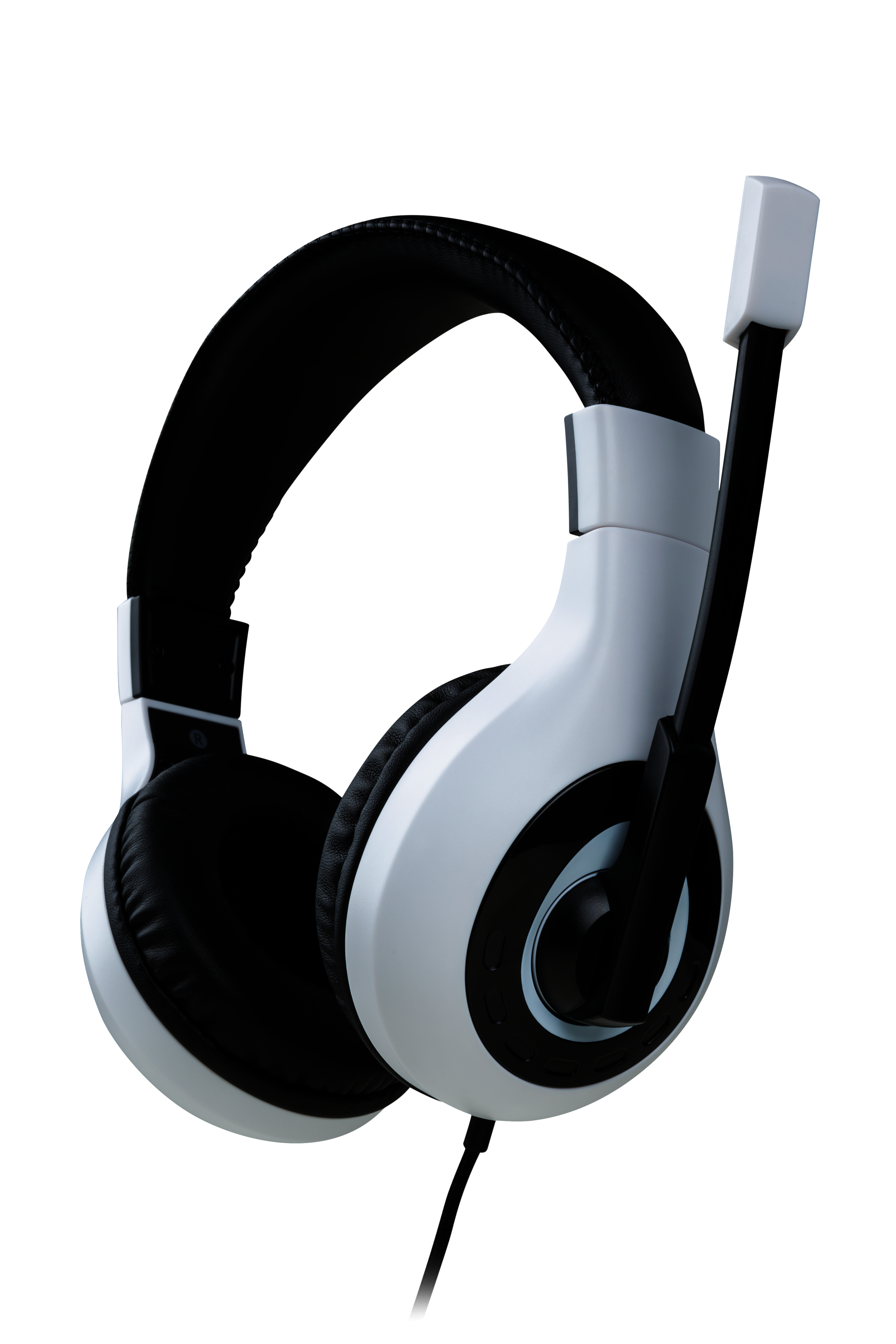 Weißes und schwarzes Headset mit Mikrofon. Isoliert auf weißem Hintergrund.