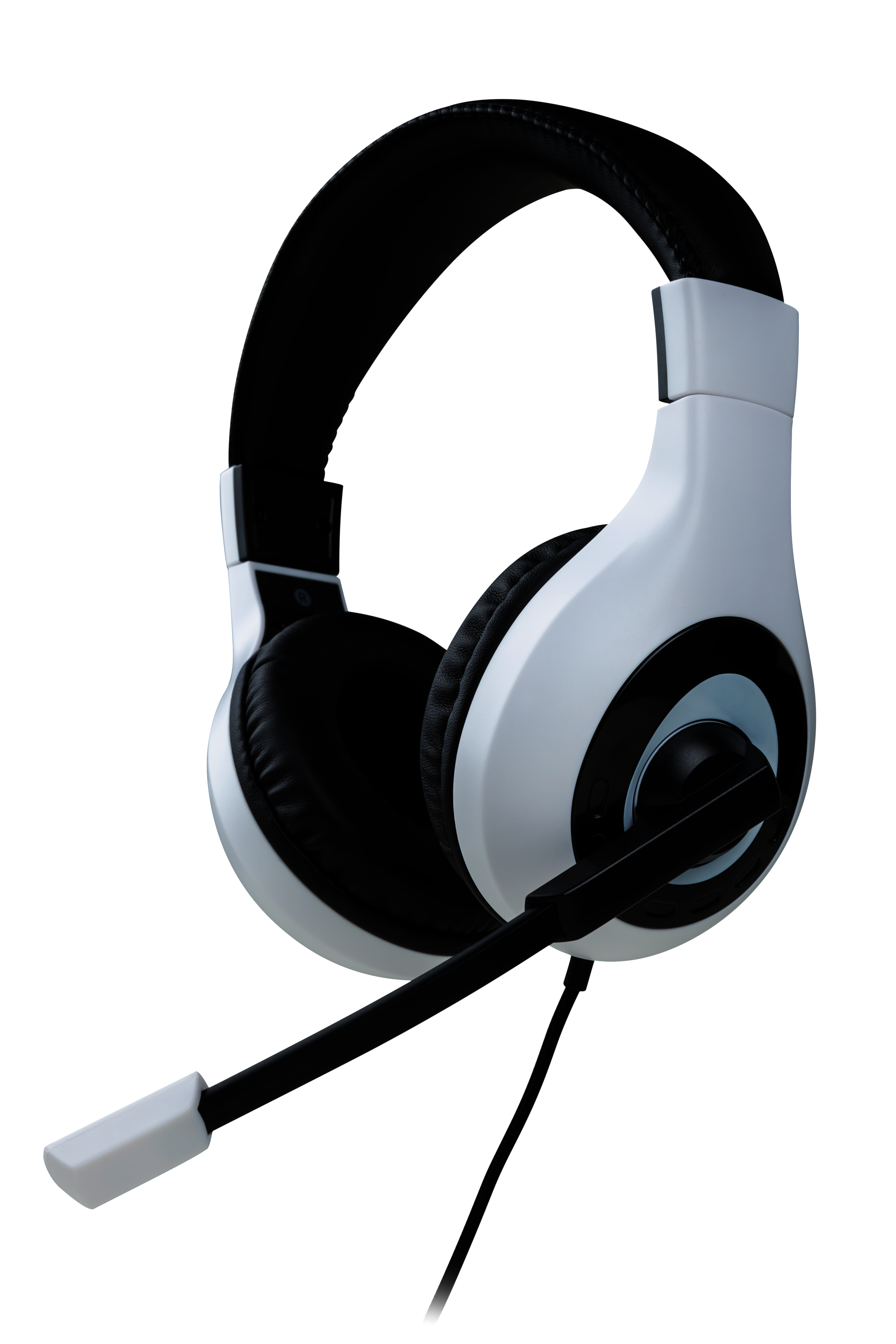 Weißes und schwarzes Headset mit Mikrofon, isoliert auf weißem Hintergrund.