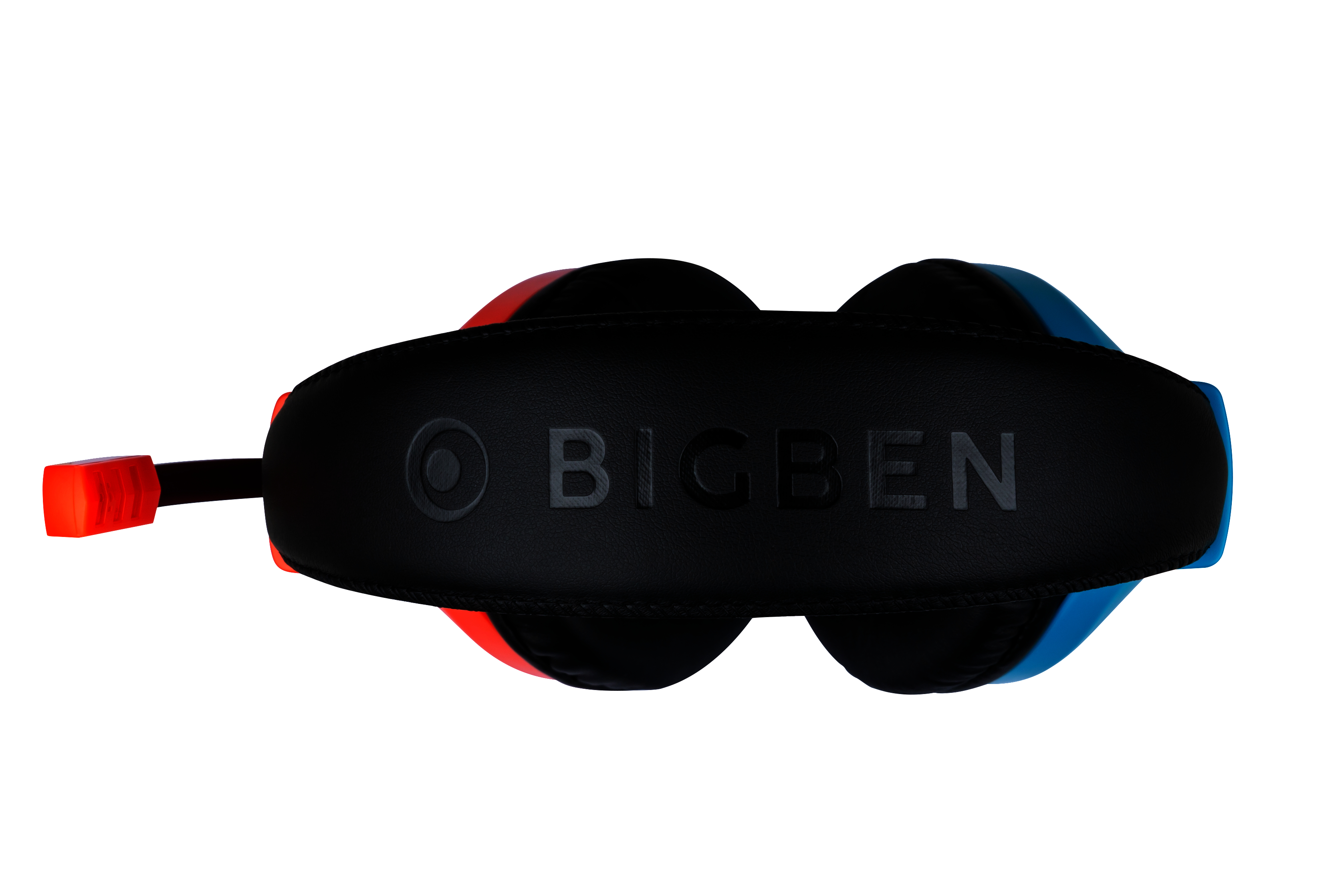 Schwarze BIGBEN Gaming-Kopfhörer, rote und blaue Ohrmuscheln, Draufsicht.