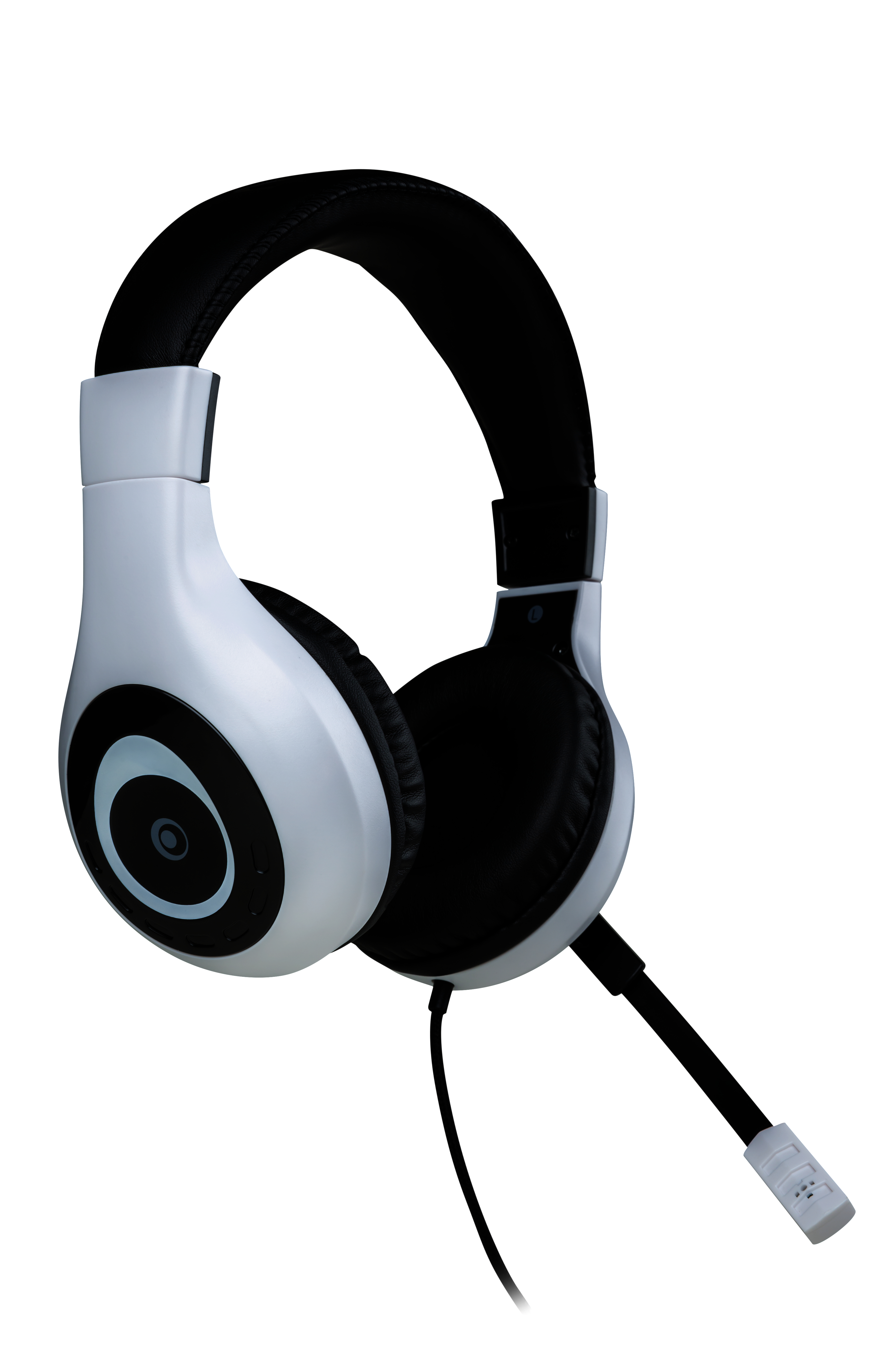 Weißes und schwarzes Headset mit Mikrofon. Es hat ein kreisförmiges Design auf den Ohrmuscheln.