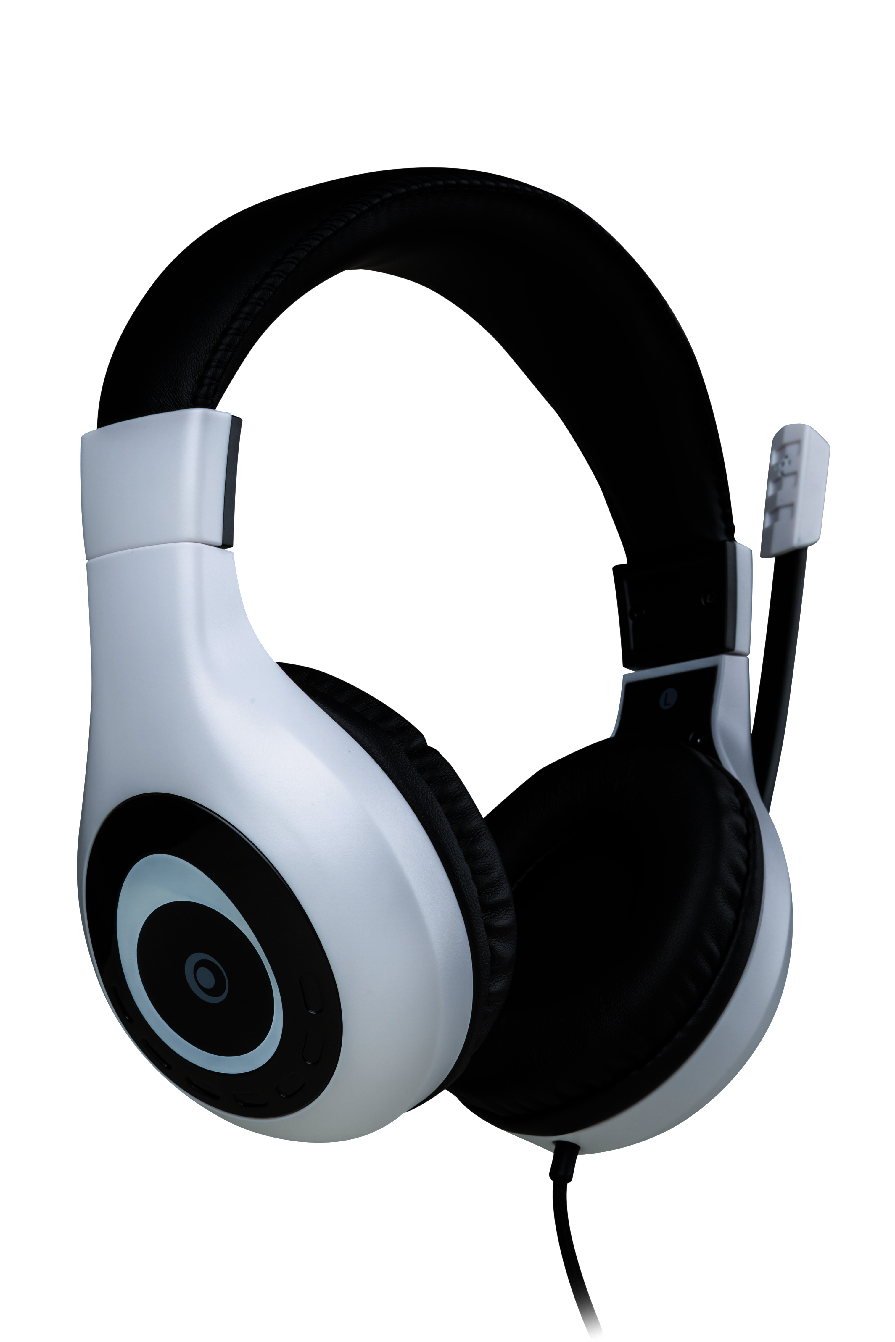 Weißes und schwarzes Gaming-Headset mit Mikrofon, leicht angewinkelt für klare Sicht.