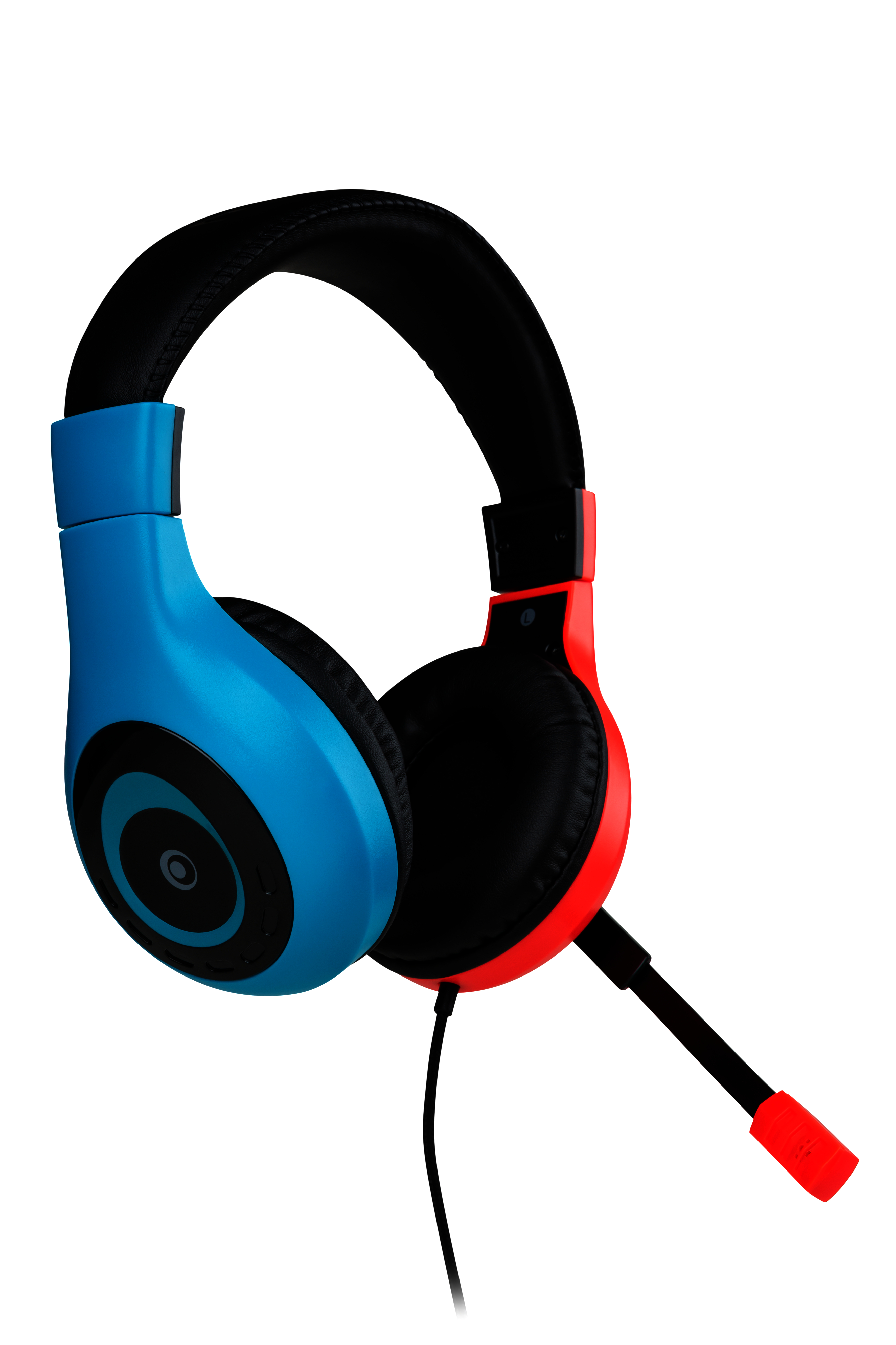 Blaue und rote Gaming-Kopfhörer mit flexiblem Mikrofon.