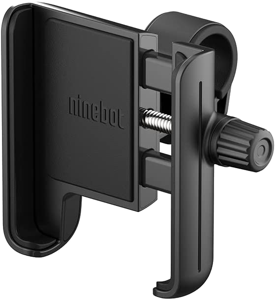 Zwarte Ninebot telefoonhouder. Heeft een bevestigingsmechanisme en een telefoon klem. Ninebot logo zichtbaar.