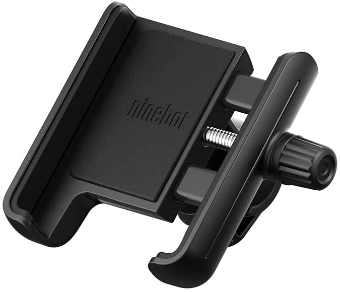 Zwarte telefoonhouder voor een fiets, met een Ninebot-logo en verstelbare functies.
