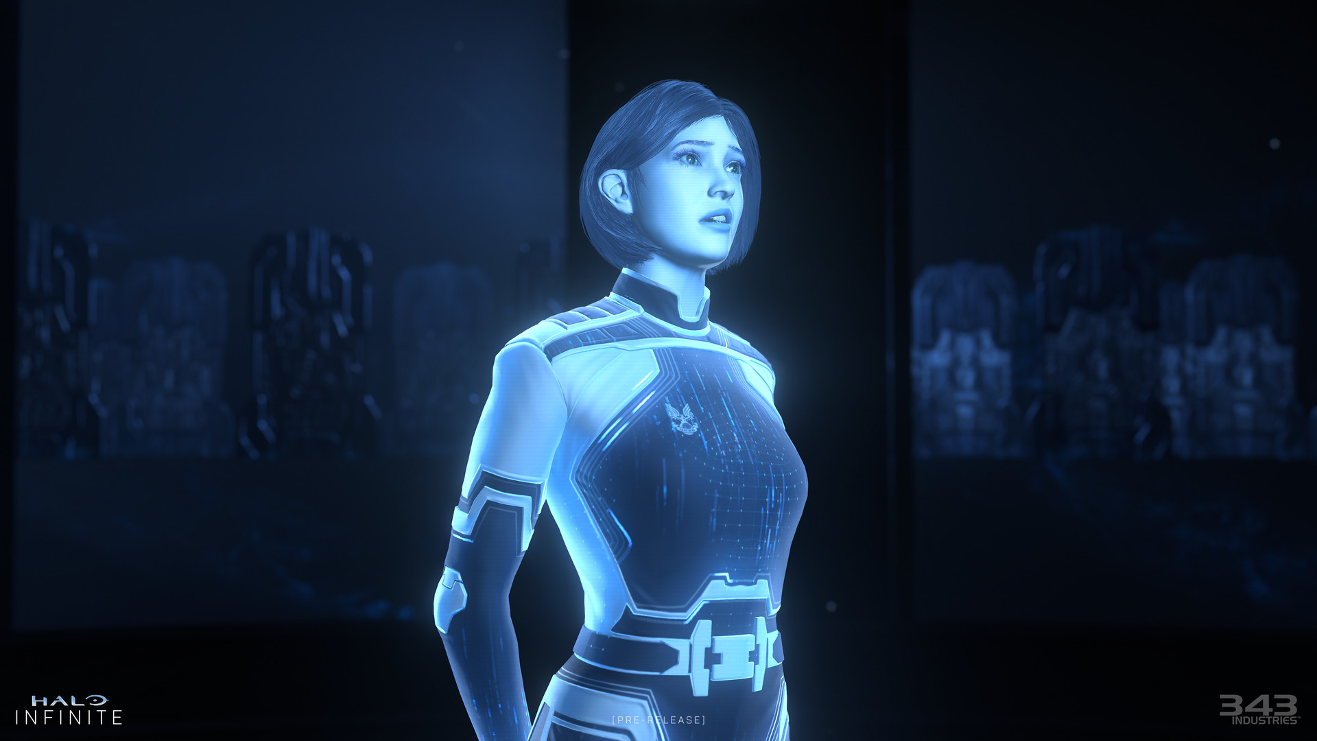 Un personnage féminin d'un jeu vidéo, tenue bleue et blanche, regardant vers le haut.