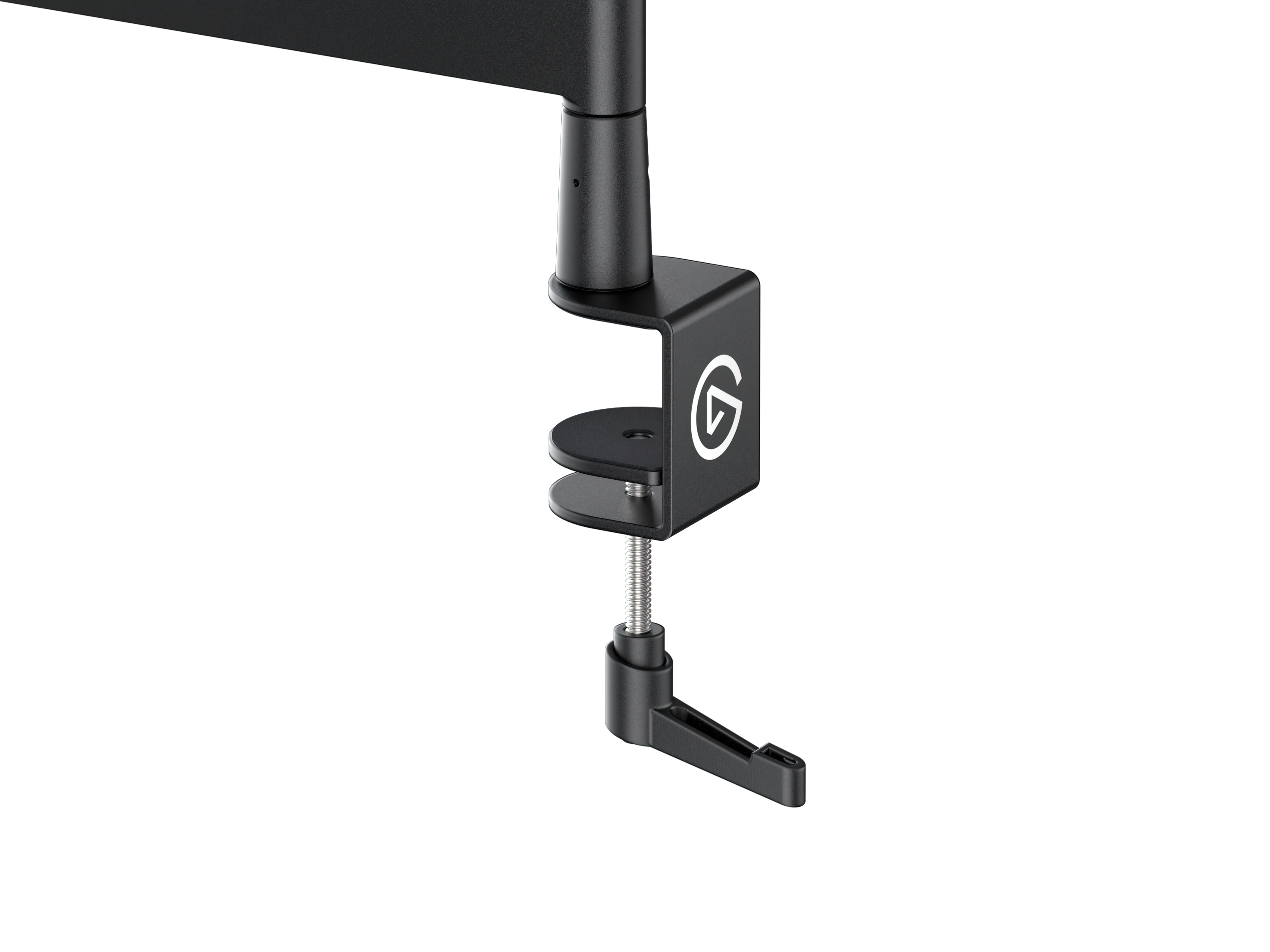 Schwarze Monitorarmklemme. Einstellbarer Winkel mit einer Schraube.