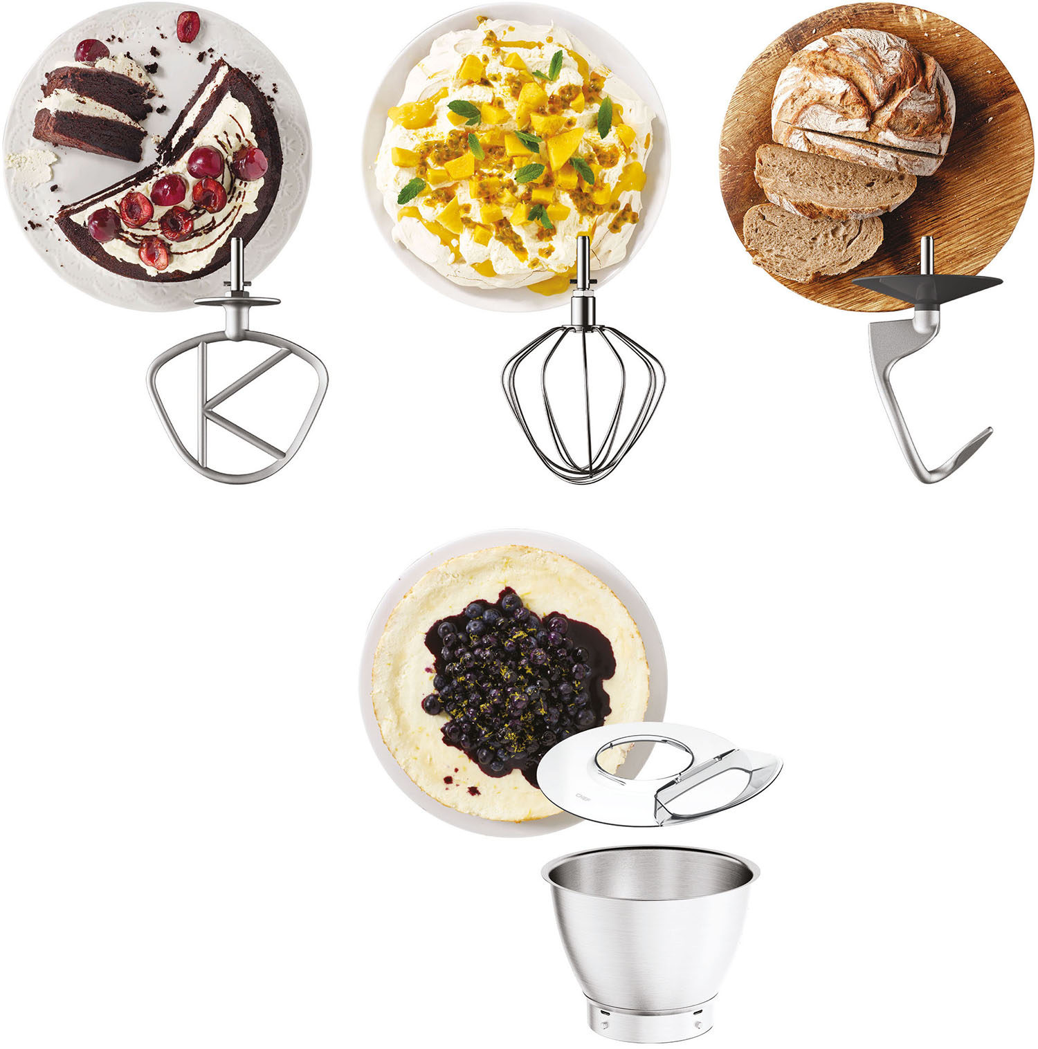 Verschillende mixeropzetstukken en schalen met desserts, cakes en brood. Items staan op een wit oppervlak.