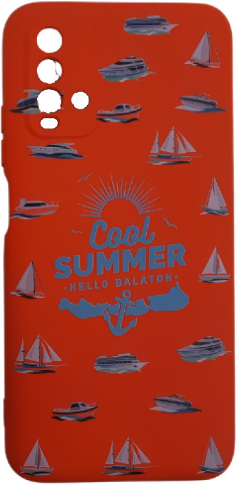 Egy piros telefontok vitorlás- és hajómintákkal, Cool Summer Hello Balaton felirattal.