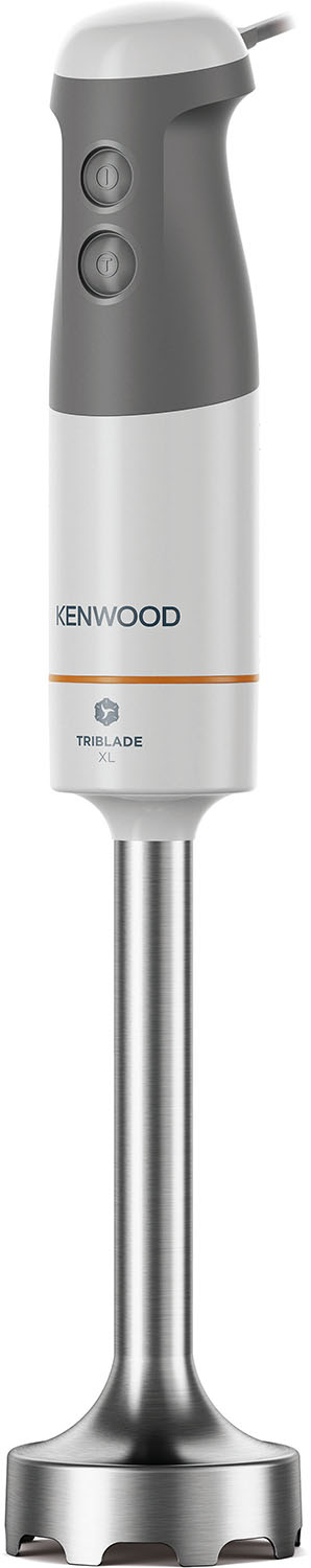 A white and gray immersion blender. It has the Kenwood and Triblade XL logos on it.