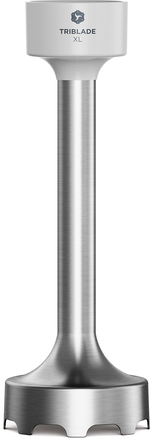Silver and white stick blender. The brand name 'TRIBLADE XL' is visible on the top.