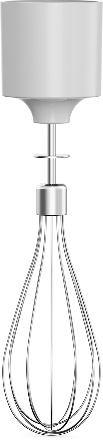 A white immersion blender with a whisk attachment, standing upright.