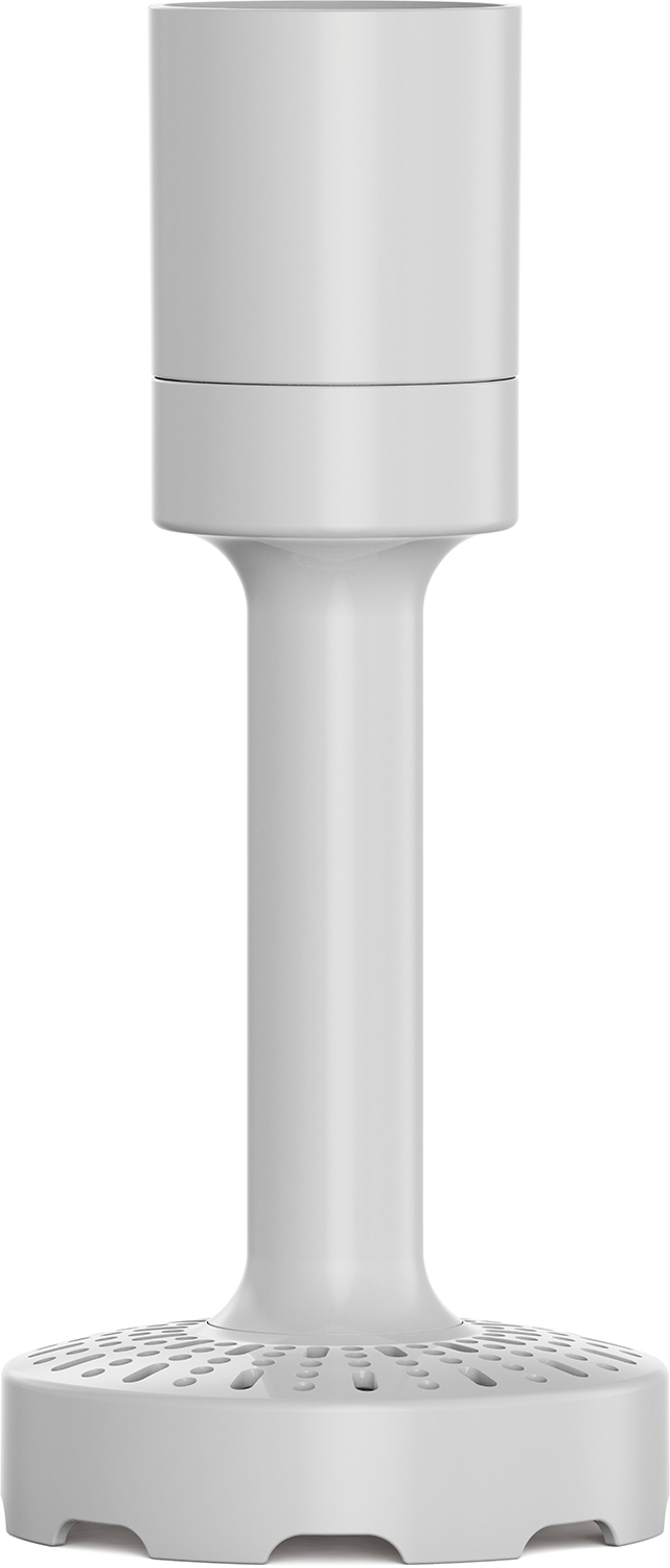 White hand blender with a long cylindrical design, on a white background.