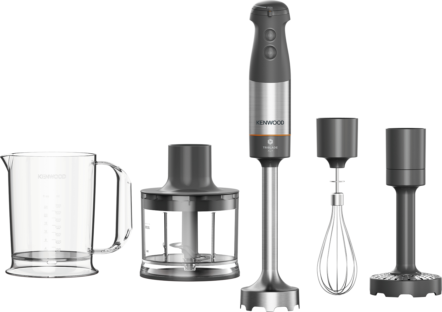 Kenwood staafmixer met accessoires: beker, hakmolen, garde en mesopzetstukken.