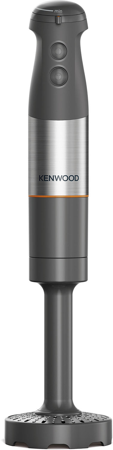 Kenwood staafmixer, grijs en zilver, met oranje accent.