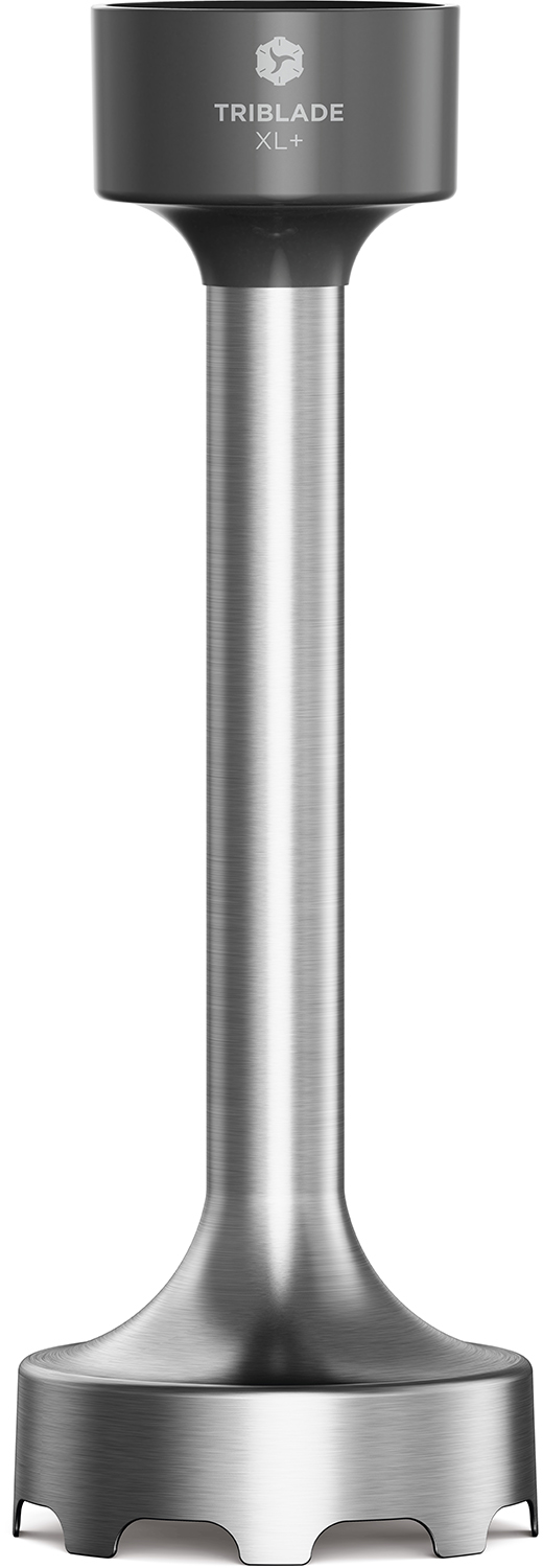 Zilveren Triblade staafmixer. De handgreep en de mesbasis zijn zichtbaar.