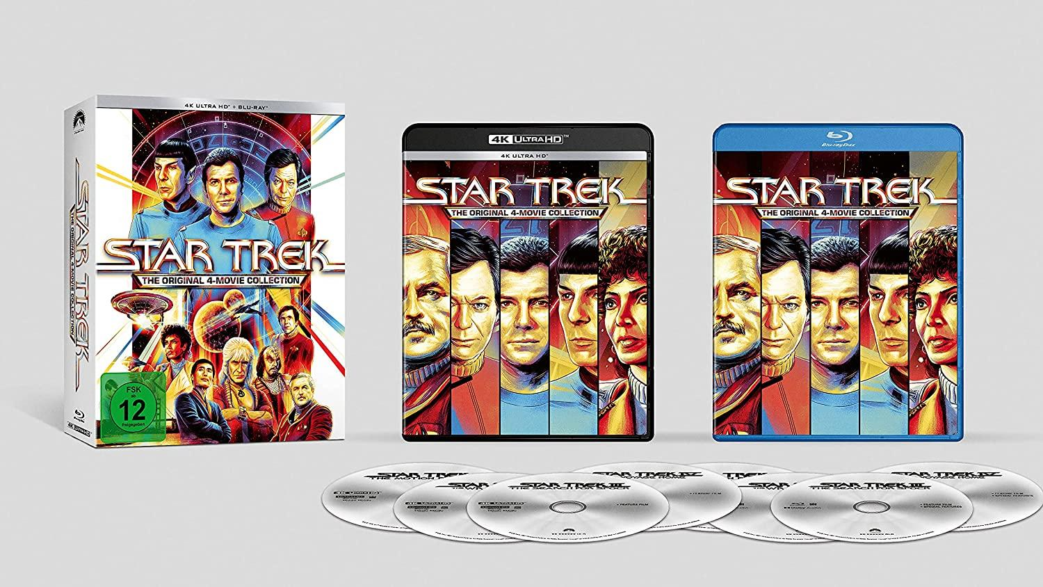 Star Trek Filmsammlung mit Blu-ray und 4K Ultra HD Hüllen und Discs.