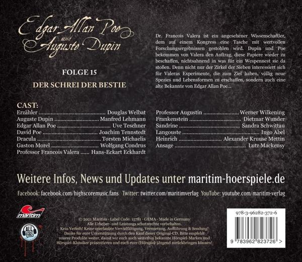 Rückseite eines deutschen Hörspiels mit Text, Besetzungsliste und Logos auf dunklem, strukturiertem Hintergrund.