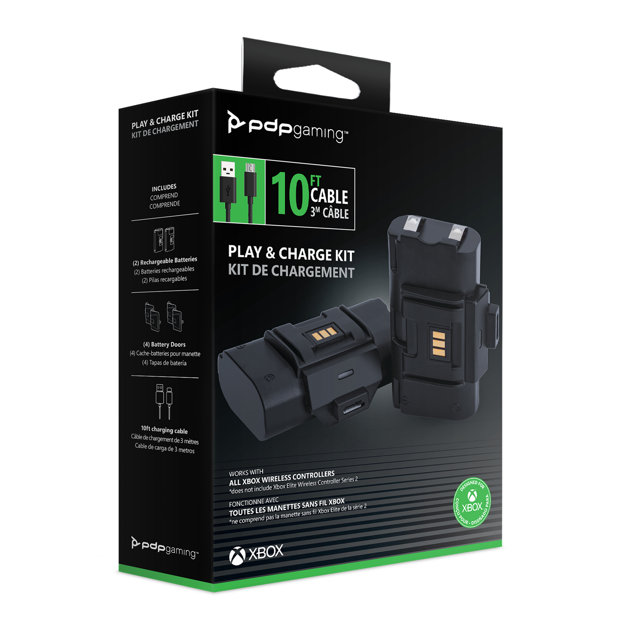 PDP Play & Charge Kit Box. Zeigt zwei Ladeanschlüsse und ein Kabel. Text: '10 FT KABEL'.