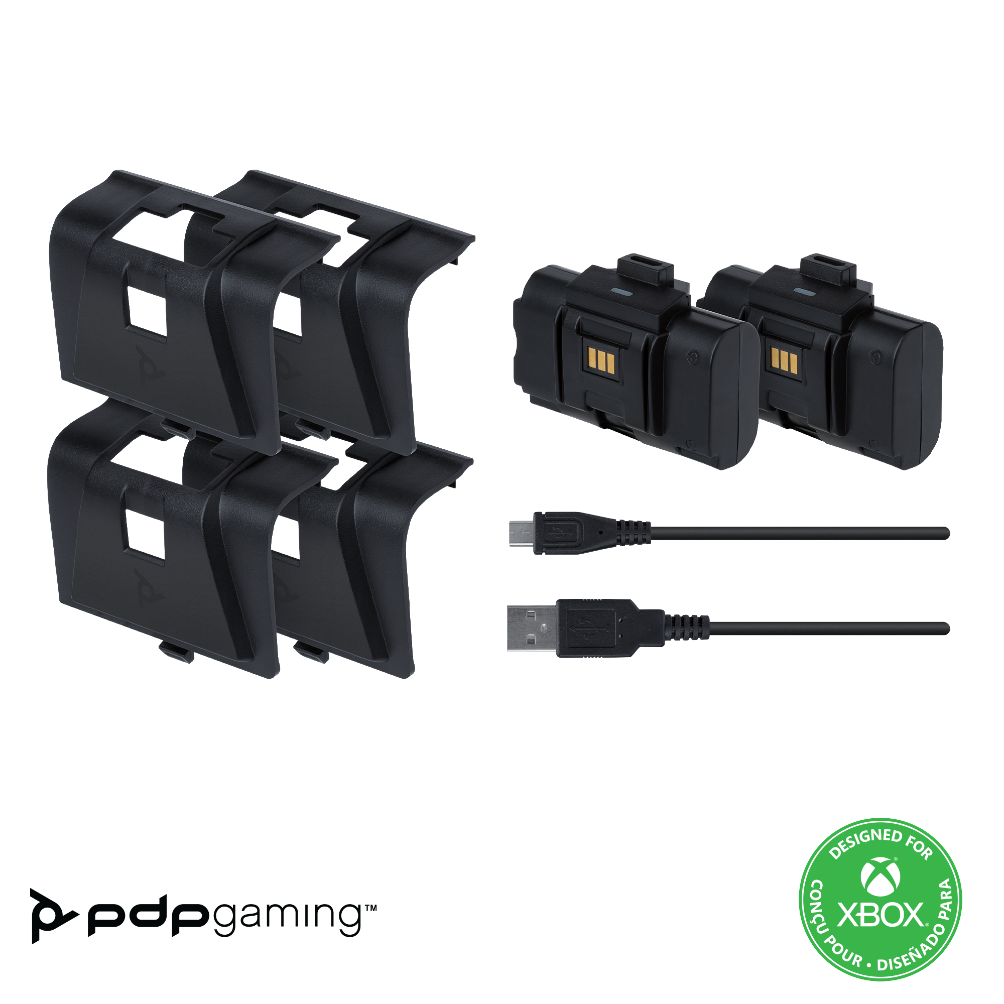 Schwarze Batterieabdeckungen und Ladestationen für Xbox-Controller mit weißem Hintergrund.