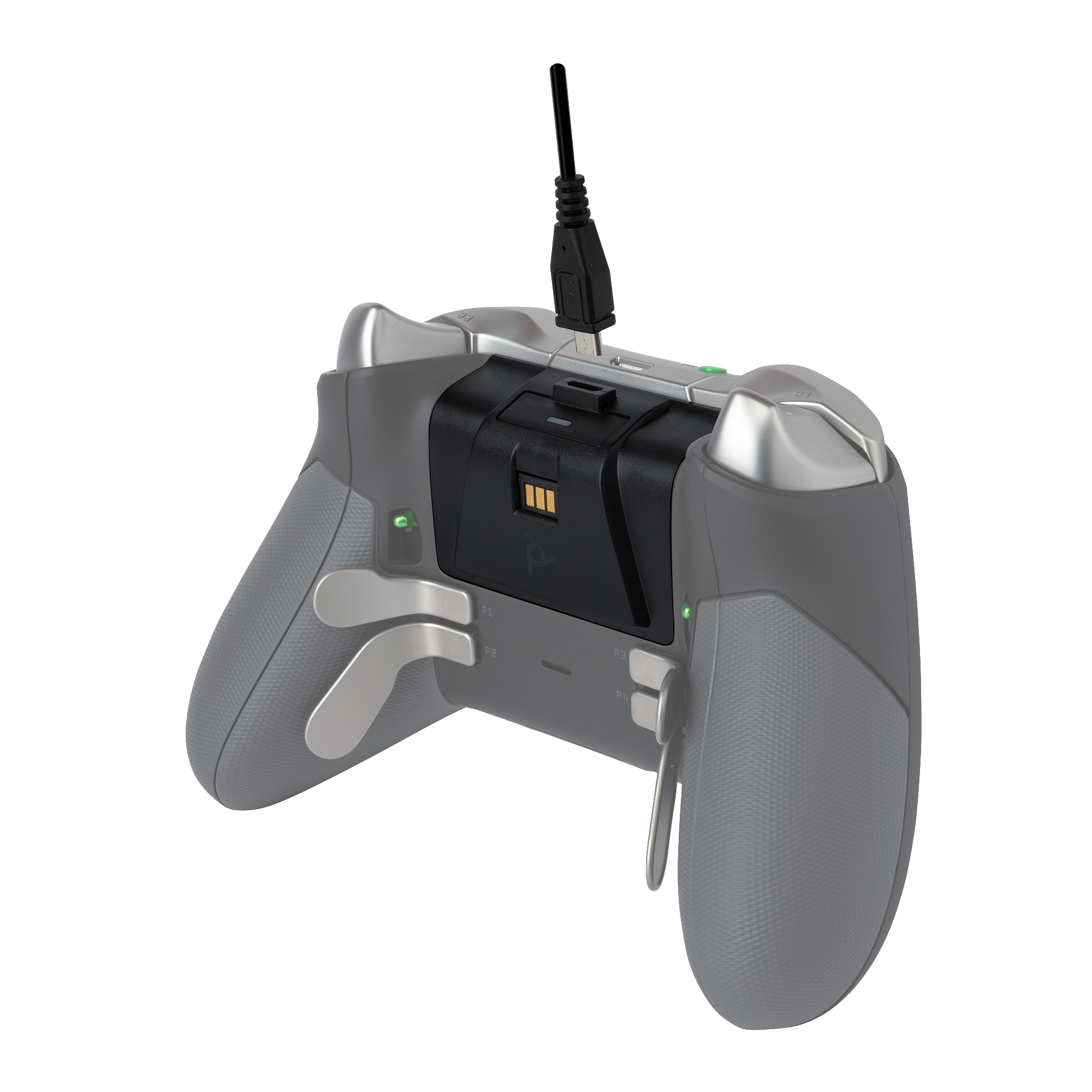 Ein schwarzer Controller mit einer schwarzen Ladestation, ein USB-Kabel ist oben eingesteckt.