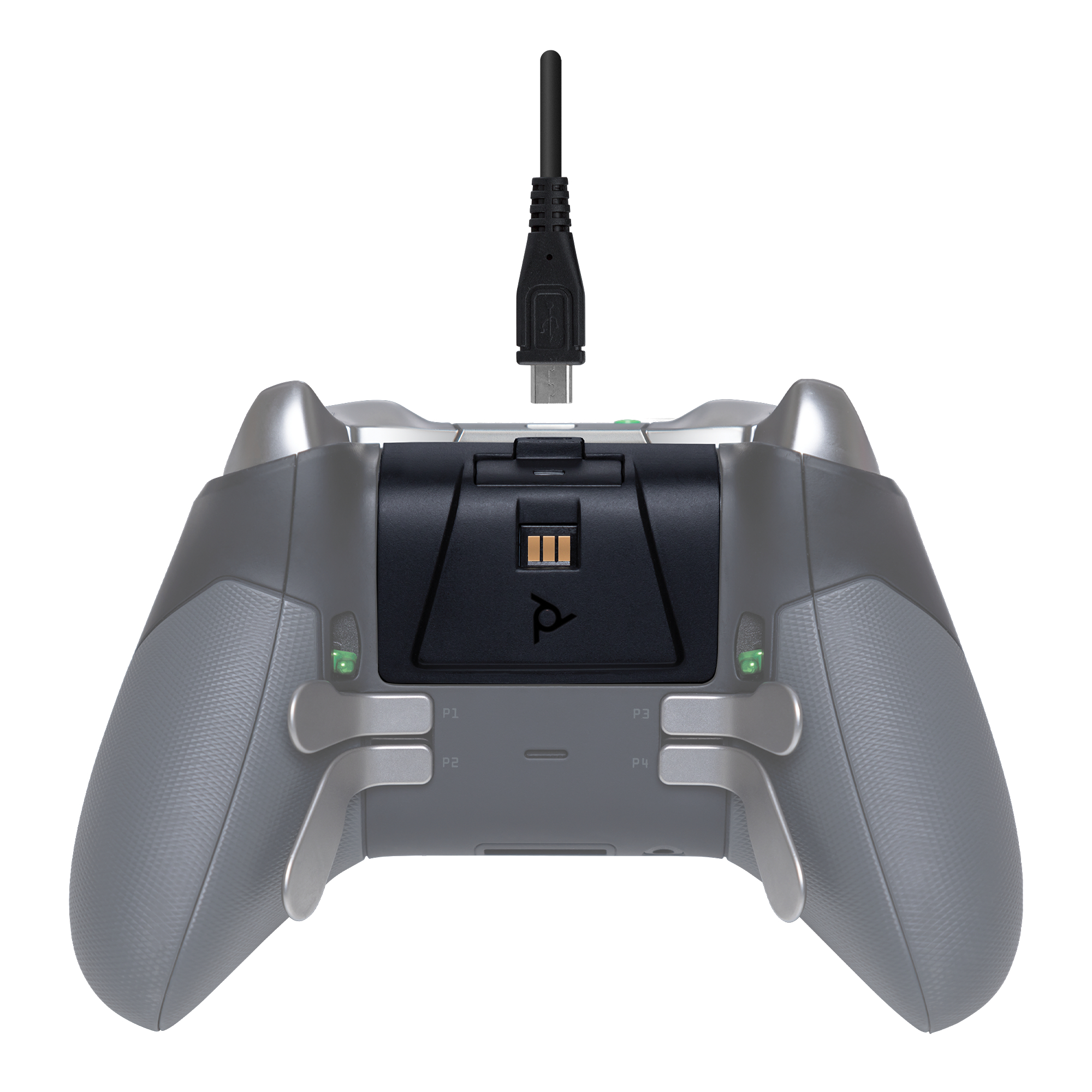 Ein Gaming-Controller mit Ladestation und USB-Kabel. Der Controller ist grau.