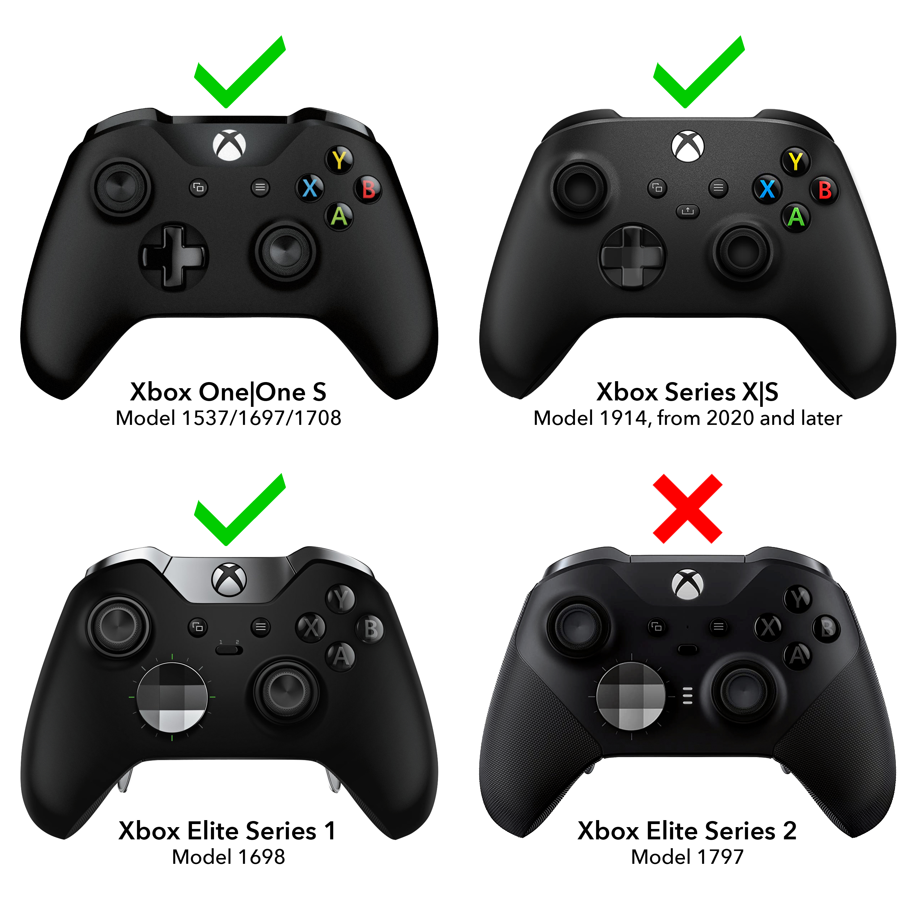 Vier Xbox-Controller, die Kompatibilität für Xbox One S, Xbox Series X|S und Xbox Elite anzeigen.