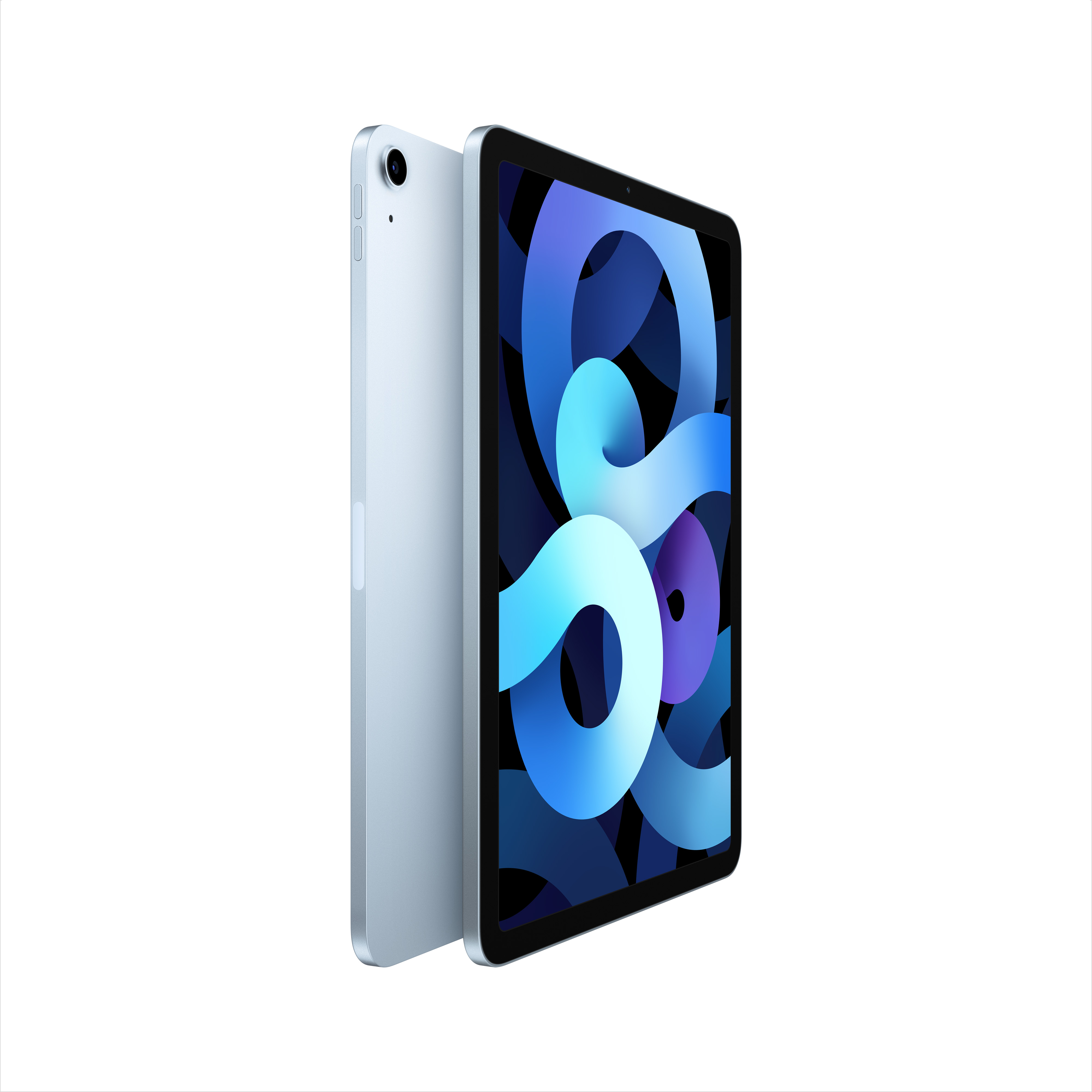 Un iPad Air celeste de pie, con una pantalla azul oscura.