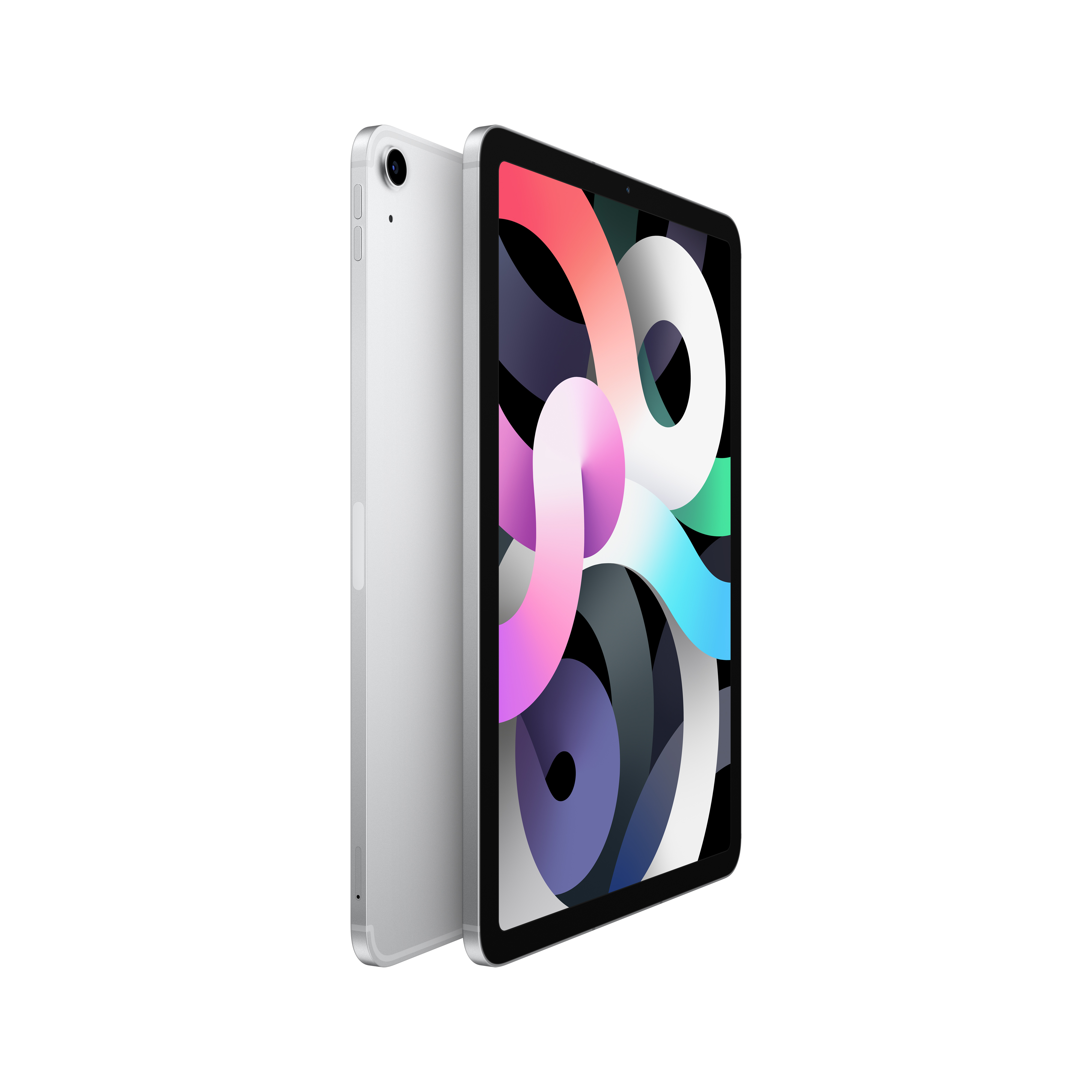 iPad Air plateado en orientación vertical, con un fondo de pantalla colorido y otro detrás.