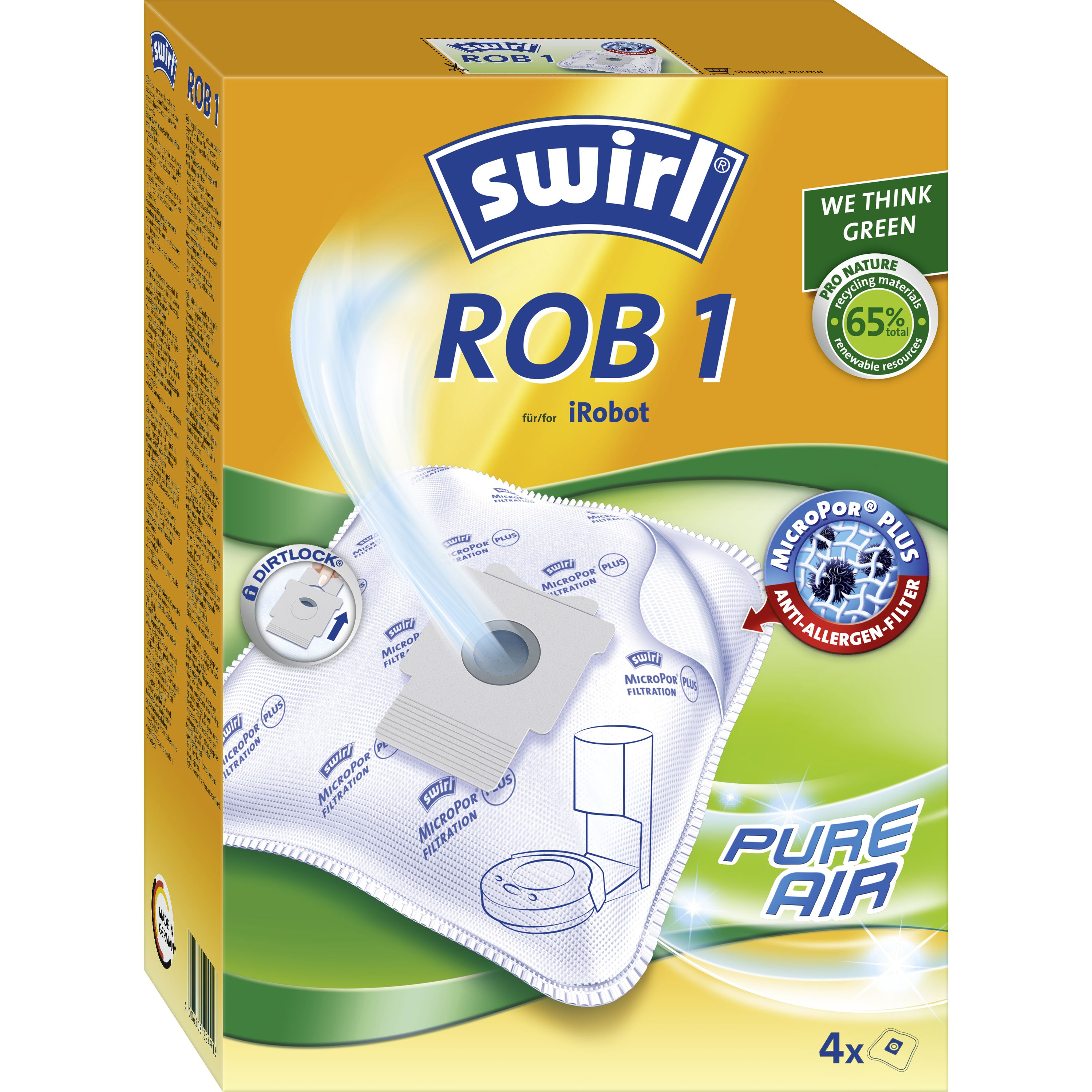 Schachtel mit Swirl ROB 1 Staubsaugerbeuteln. Die Schachtel ist gelb und grün, mit einem Beutel.