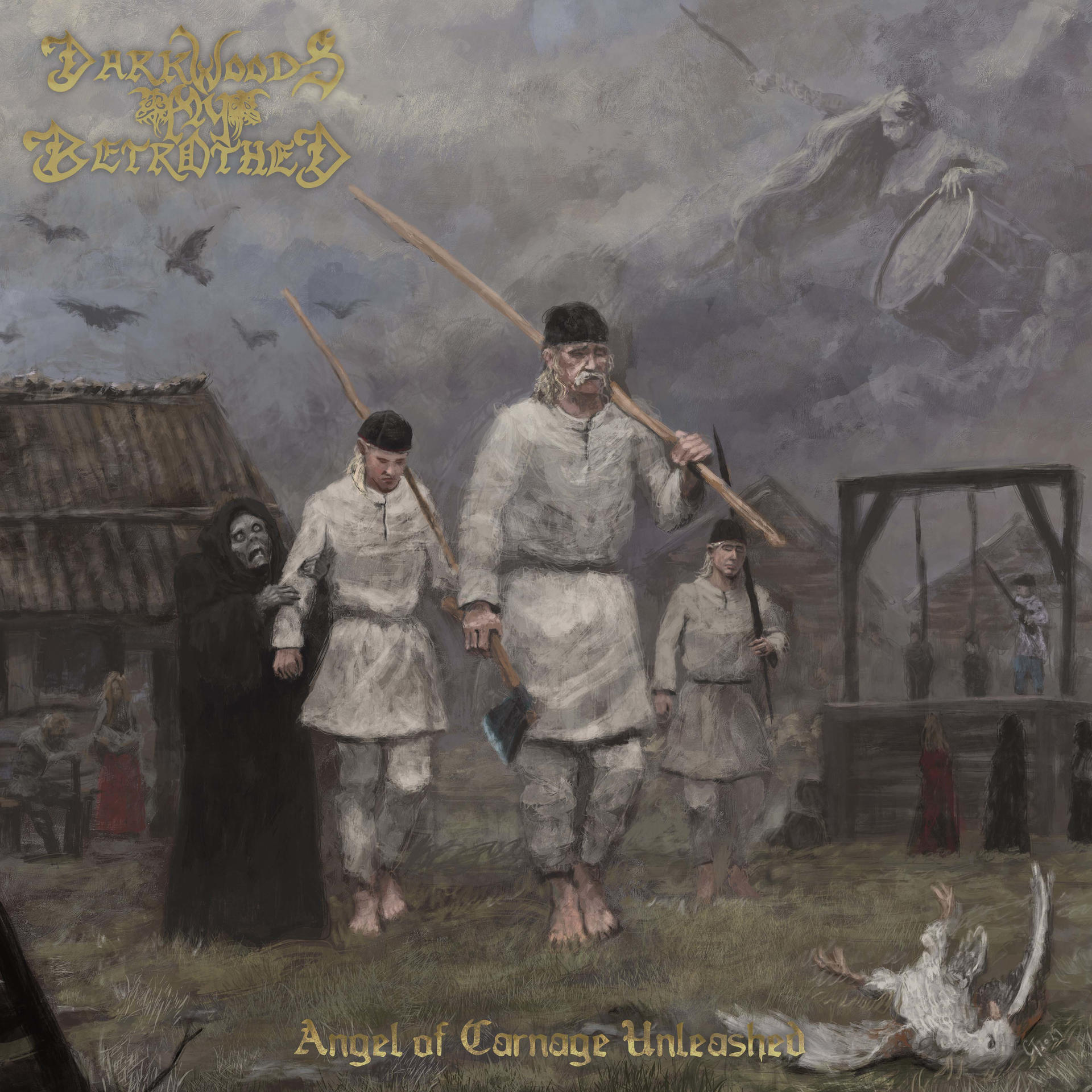 Albumcover mit Männern in weißen Roben und einer Hängeszene. Dunkel und bedrohlich.