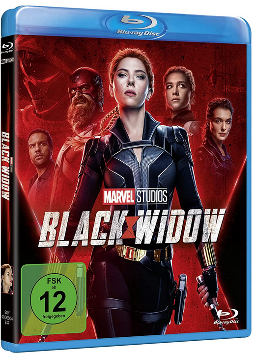 Blu-ray Hülle: Black Widow Film mit Scarlett Johansson und weiteren Schauspielern.