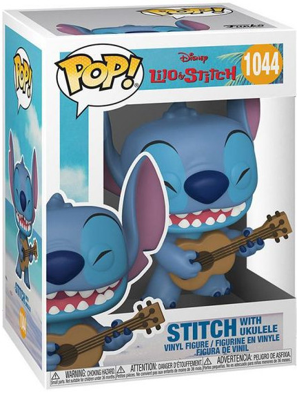 A Funko Pop box of Stitch with ukulele, with two Stitch figures inside.