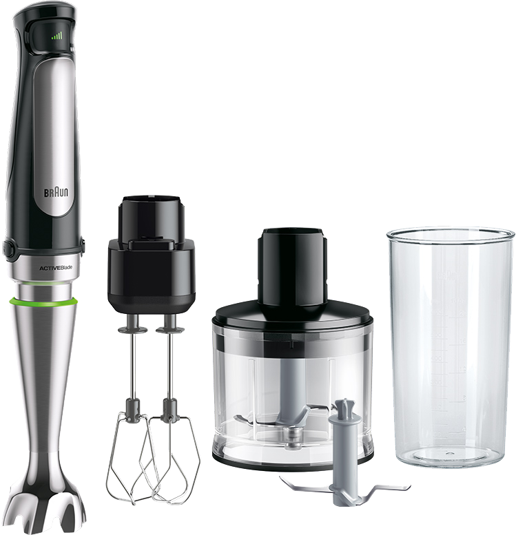 Braun Activeblade staafmixer met opzetstukken, waaronder een garde, hakmolen en beker.