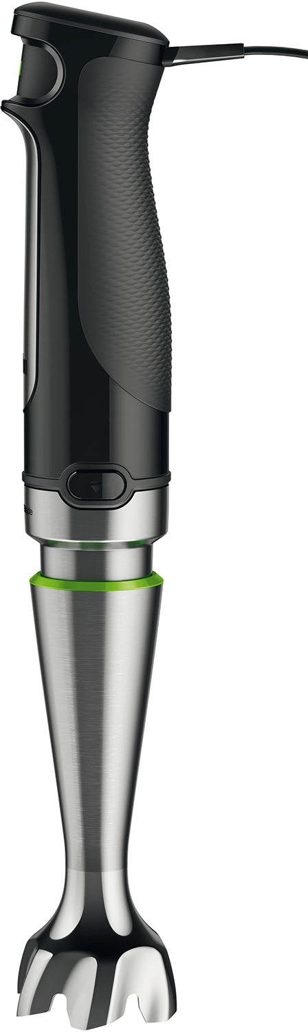 A black and silver immersion blender with a green accent.