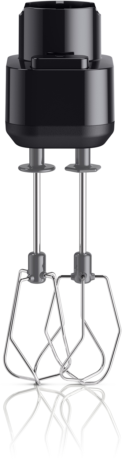 Black hand mixer. Two whisks are attached to the mixer.