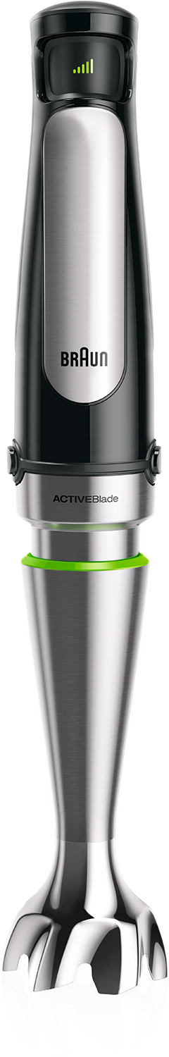 Black and silver Braun hand blender. Green accent ring.