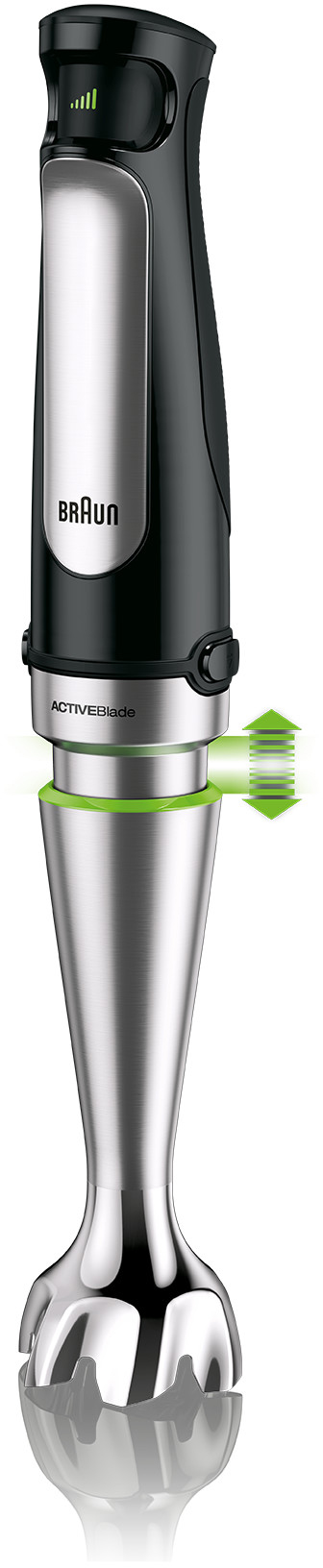 Black and silver Braun hand blender with a blade attachment. Green indicator lines.