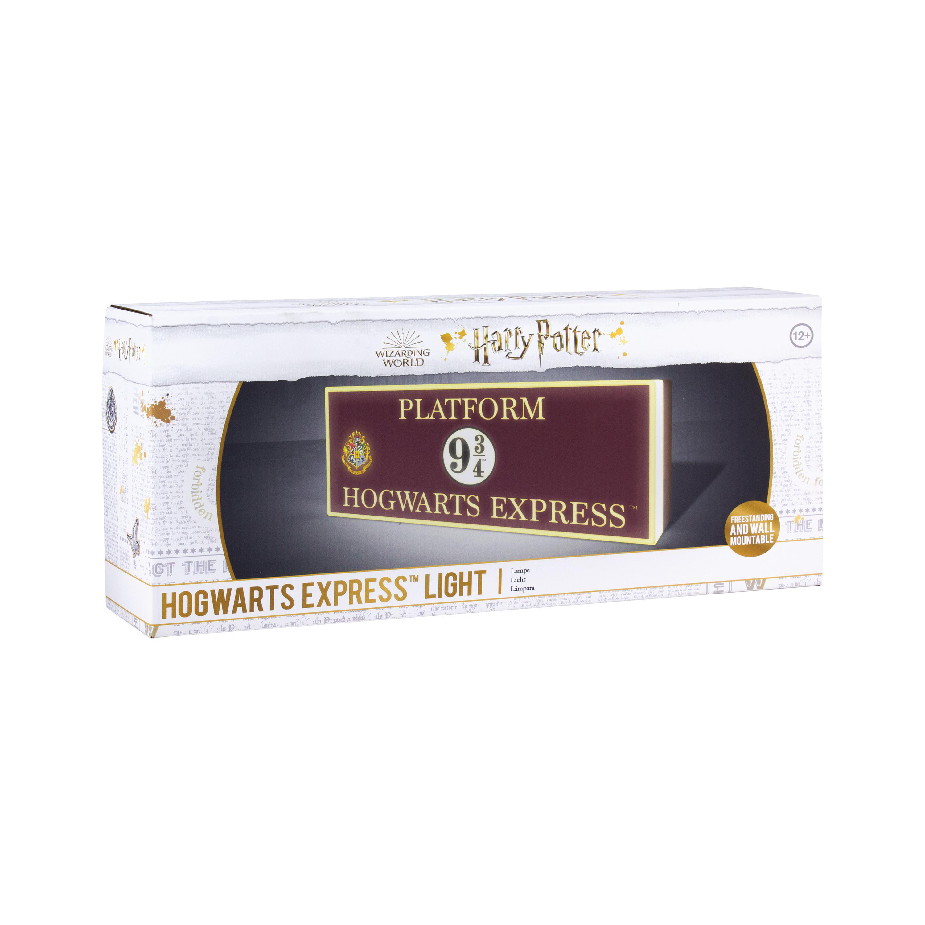 Eine Harry Potter Hogwarts Express Leuchtbox. Sie ist rechteckig mit einem rot-goldenen Schild auf der Vorderseite.