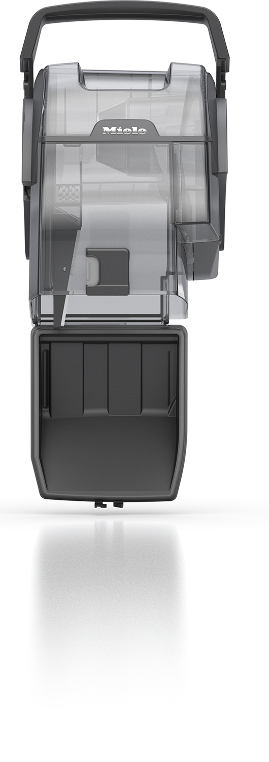 A gray and black vacuum cleaner with a handle, and a transparent compartment.
