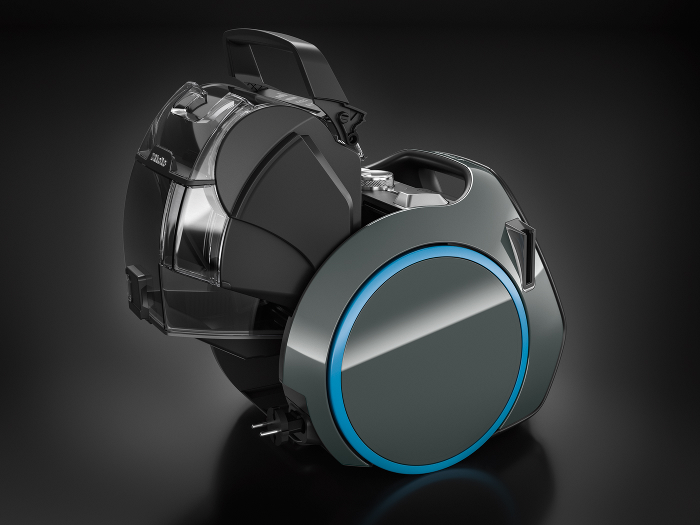 Black and gray vacuum cleaner with a blue accent. It is angled, and the cleaning head is partially open.