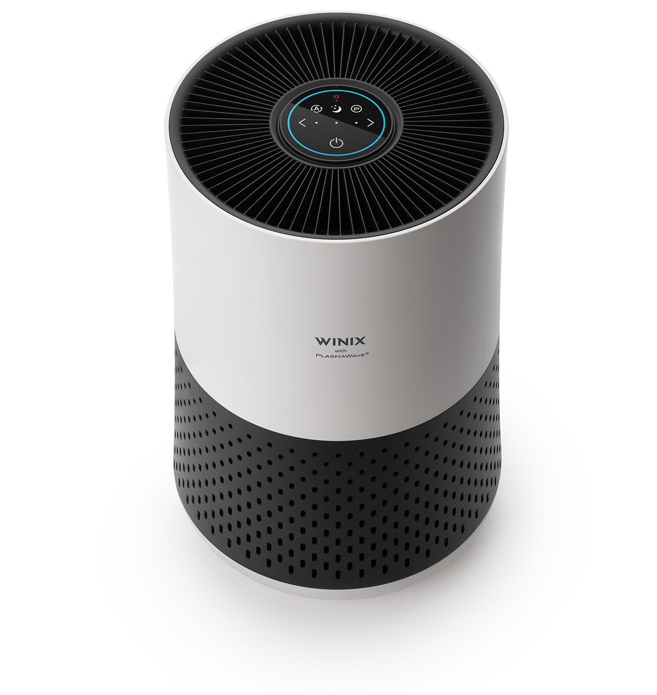 White and black air purifier with a circular design and control panel on top.