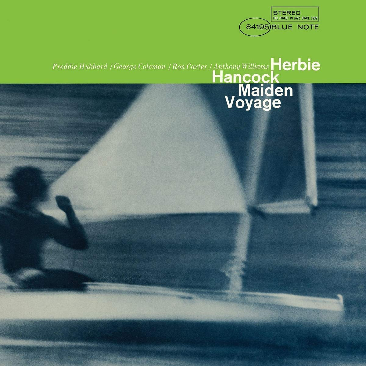 Album borító: 'Maiden Voyage' Herbie Hancocktól, vitorláshajó képpel és zöld bannerrel.
