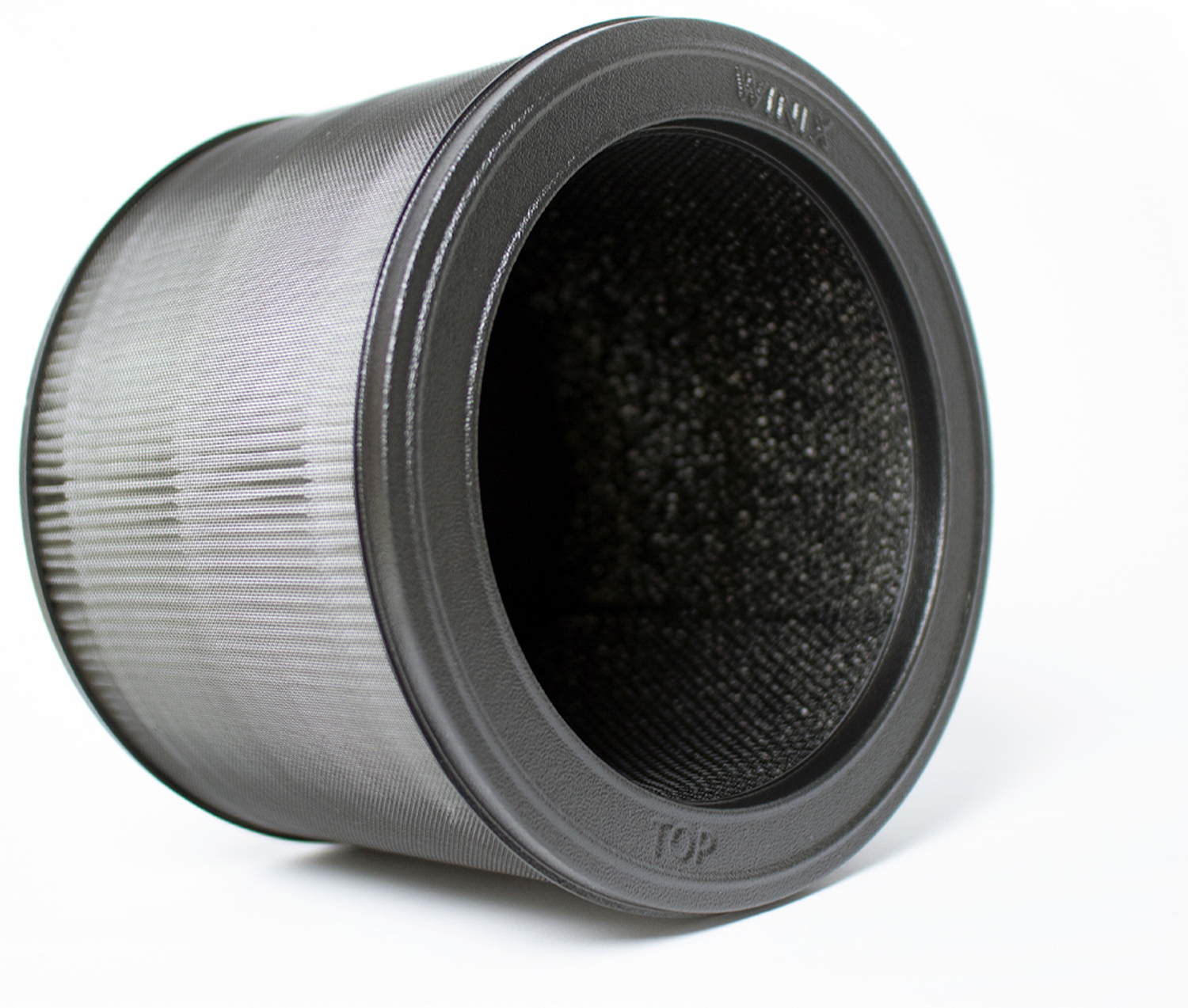 Black and grey cylindrical air filter with mesh and a top ring.