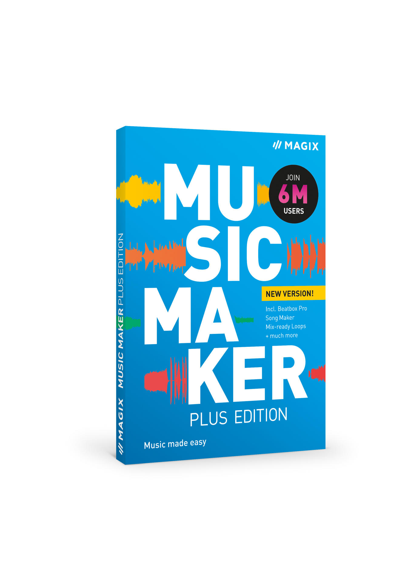Music Maker Plus Edition Softwarebox, blau und weiß mit Text.