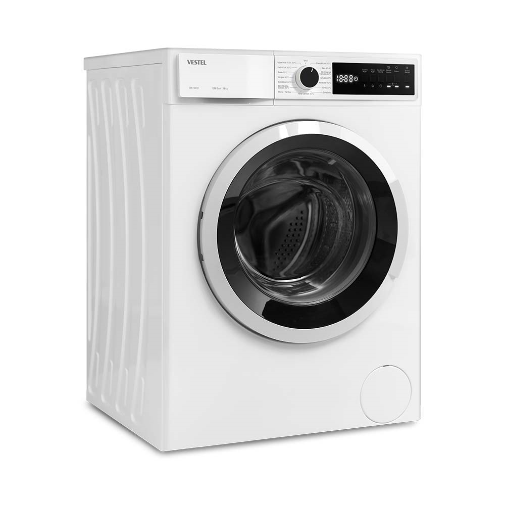 Beyaz bir arka plan üzerinde beyaz bir Vestel çamaşır makinesi. Siyah bir kapısı ve kontrol paneli var.